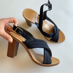 J. Crew Size 8.5 Black Faux Suede Slingback Stacked Block Heel Sandal
